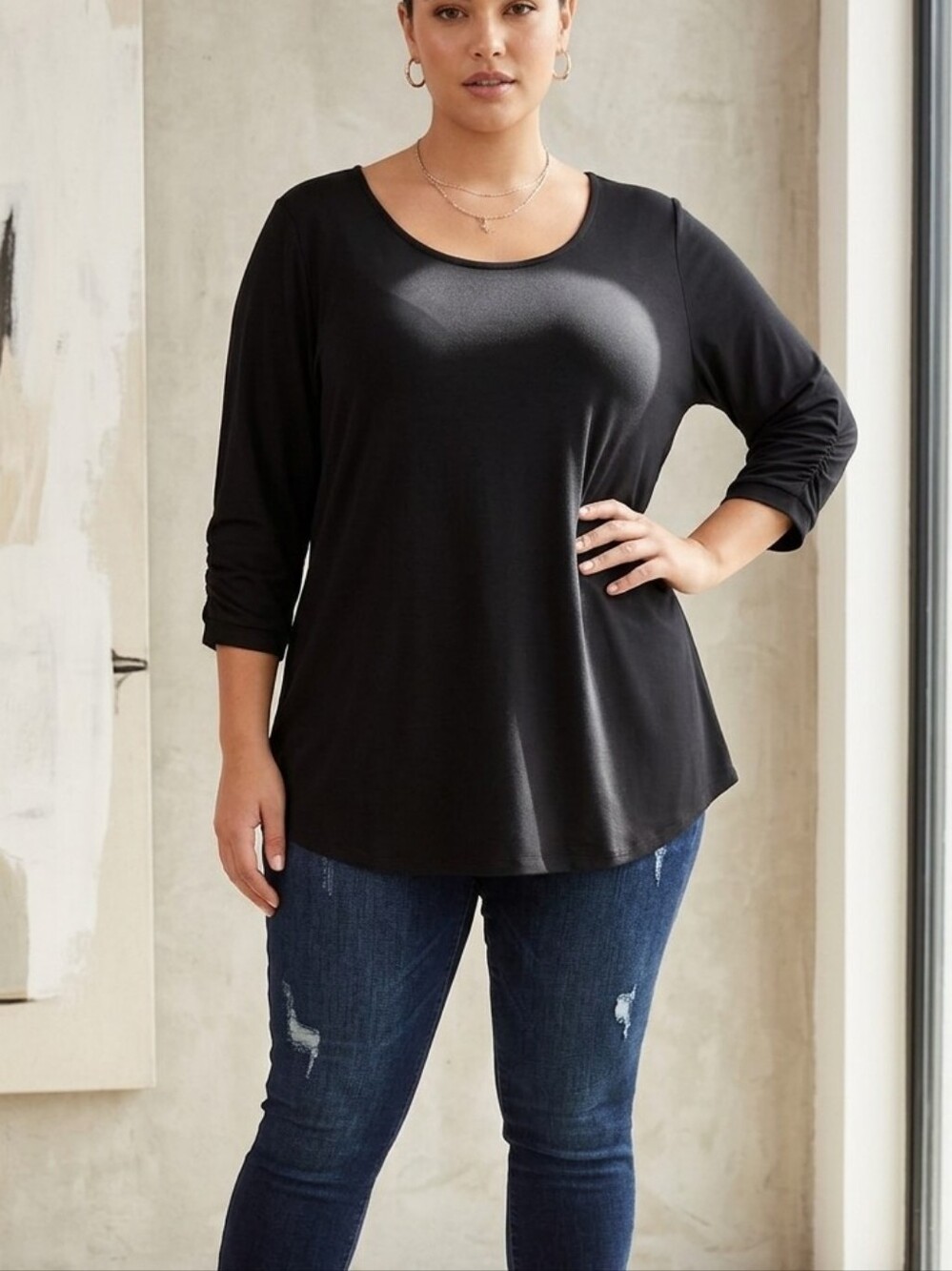 H by Halston Black Scoop Neck Long Sleeve Tee